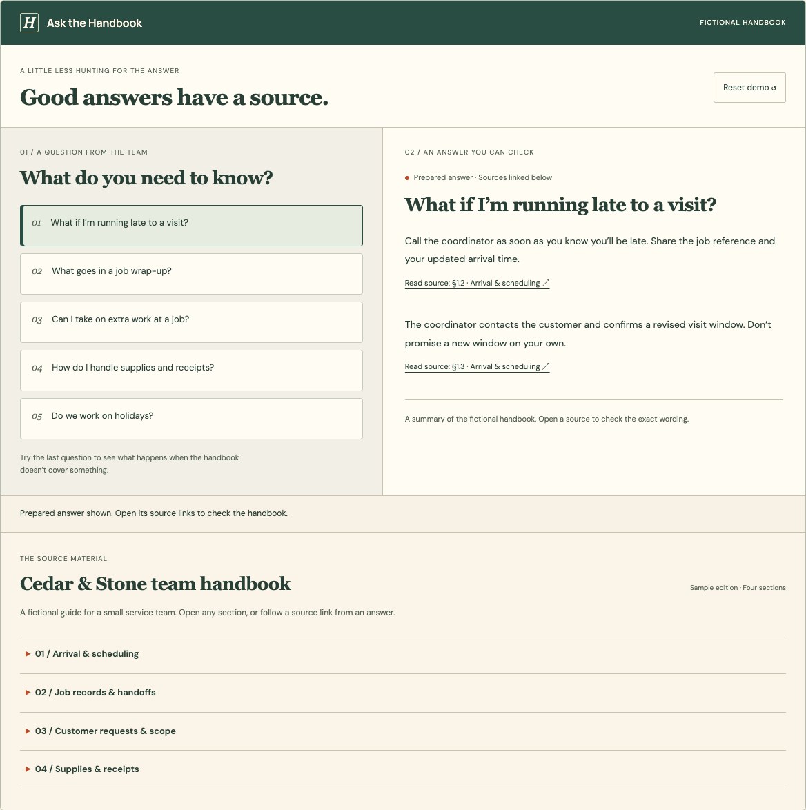 Sample team questions beside a prepared answer with handbook source links.