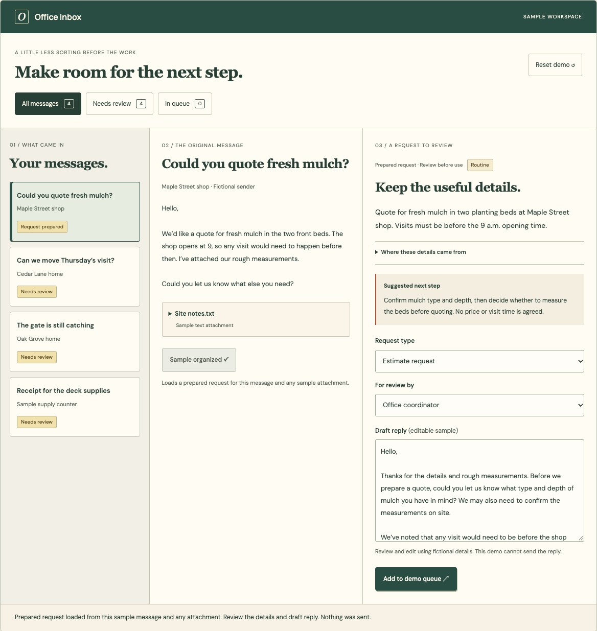 Fictional messages beside an original message and an editable prepared request.