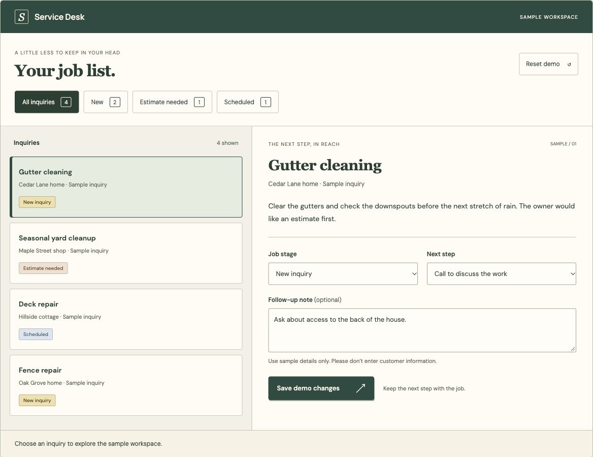 Sample inquiries beside job stage, next step, and follow-up controls.
